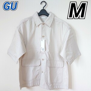 【1点限り!!】 GU ジーユー ビッグポケットシャツ 5分袖 ステッチ ナチュラル Mサイズ