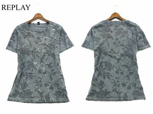 REPLAY リプレイ スプラッシュ★ 花柄 フラワー 総柄 半袖 カットソー Tシャツ Sz.M　メンズ グレー　A2T08568_7#D