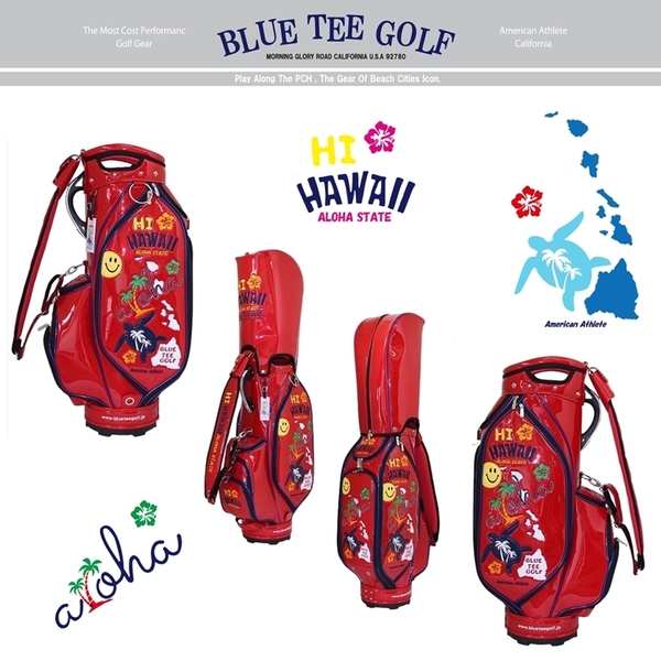 ◎1:送料無料『お勧め♪』ブルーティーゴルフ【レッド：HI HAWAII （ハイハワイ）】エナメル キャディーバッグ CB-020 BLUE TEE GOLF
