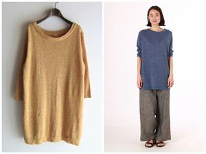 美品 45R 杢ラミー超ガーゼTUNIC サイズ2 M相当 クルーネックニットチュニック R刺繍 マスタード系ミックス ヒップ丈 45rpm 春〜秋