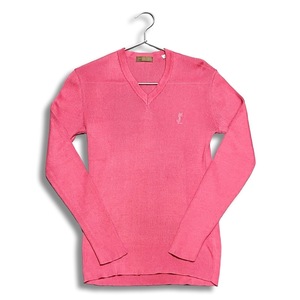 YVES SAINT LAURENT Yves Saint-Laurent YSL embroidery V neck long sleeve knitted sweater pink size M lady's 