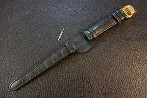 ◆台座付Dバックルビンテージベルト◆国産本牛革クロコ型押しカーフ 台座,尾錠選択可 19mm BLACK 強力撥水 腕時計ベルトVintage SEIKO等に