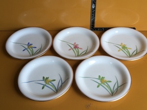 GF1-16 香蘭社 蘭の花のお皿5枚セット 約16cm 未使用 和食器 陶器製 レトロ 経年保管品