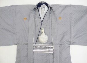 sin □成人式に□レンタル品 男性 男物 グレー系 紋付着物と羽織セット2002【中古】/適応身長 約175cm前後