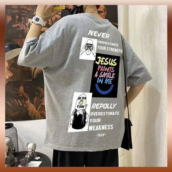 グレー 半袖 バックプリント ロゴ Tシャツ 韓国 カジュアル