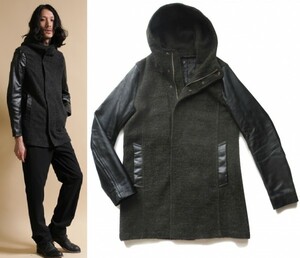 NO ID. wool boa leather sleeve f- dead peiz Lee coat 1 khaki × black Parker 
