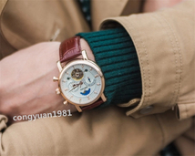 【人気】 メンズ腕時計 高級機械式 自動巻き カレンダー 曜日表示 トゥールビヨン サン&ムーン 男性ウォッチ 防水 本革ベルト_画像9