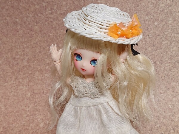 オビツ11サイズ お花付きカンカン帽 ホワイト×オレンジ