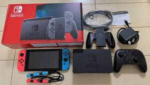 【完動品】NintendoSwitchニンテンドースイッチ HAC-001 本体 ネオンブルー ネオンレッド(外箱、備品欠品なし)とプロコントローラー