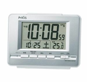 【新品・未使用】セイコークロック 置き時計 01:銀色メタリック 本体サイズ:9.0×12.3×4.6cm 電波 デジタル 温度 PYXIS ピクシス BC411S