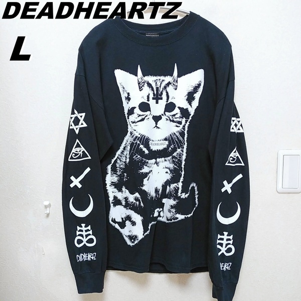 DEADHEARTZ　デッドハーツ　ロンT　長袖Tシャツ　猫　黒　メンズL　バンドTシャツ　ロングスリーブカットソー　220711-09