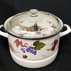 美品 EJIRY/エジリー フルータス 蒸し兼用鍋セット ホーロー 両手鍋 24㎝ 蒸し碗 5客付 昭和レトロ 食器付 茶碗蒸し