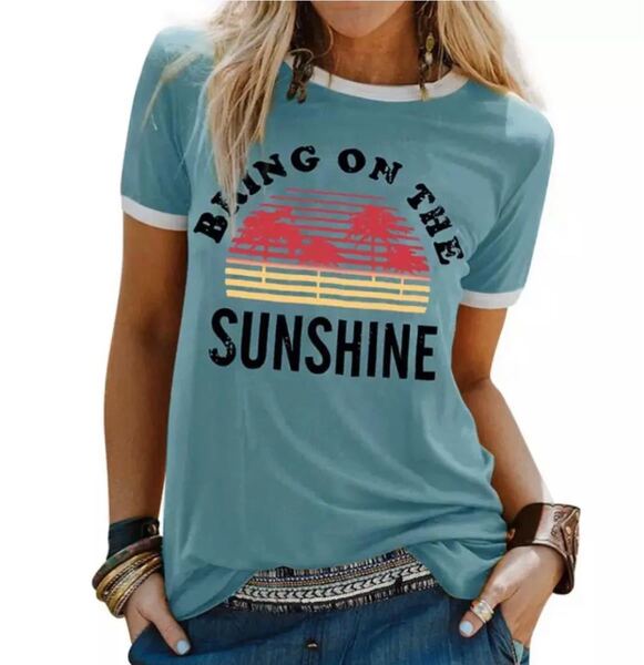 レディース Tシャツ 半袖 サーフ シャツ 夏 カジュアル SUNSHINE ハワイ ブルー S