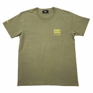 261195【Lサイズ】美品 送料無料 SAPEur ラインロゴ 半袖 Tシャツ モス グリーン バックプリント サプール メンズ