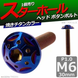 M6×30mm P1.0 ボタンボルト スターホールヘッド ステンレス 車/バイク/自転車 ドレスアップ パーツ 焼きチタンカラー 1個 TR0251