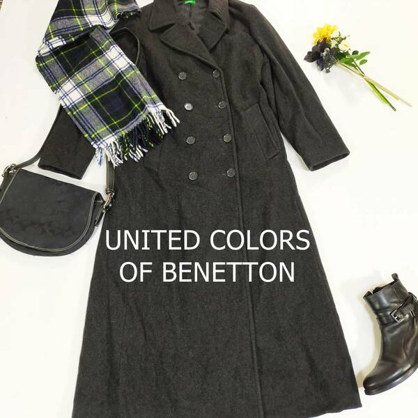 ベネトン UNITED COLORS OF BENETTON イタリア製 ロングコート サイズXS ダークグレー 開襟 ボタン 前開き シンプル ポケット 3154