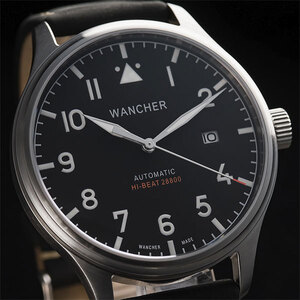 ◆●【WANCHER flugel】ハイビート28800 日本製ムーブメントドイツ空軍 機械式自動巻 腕時計 軍用パイロットウォッチ 新品 ベルト黒/WW21