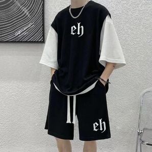 メンズ 上下セット セットアップ Tシャツ+短パン 2点セット 総大きいサイズ 半袖 夏 重ね着風 ゆったり カジュアルJSAS015(4色M-3XL)