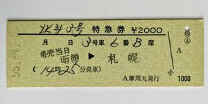 硬券 300 特急 北斗 3号 特急券 函館→札幌 摩周丸発行 昭和55年 No.0012