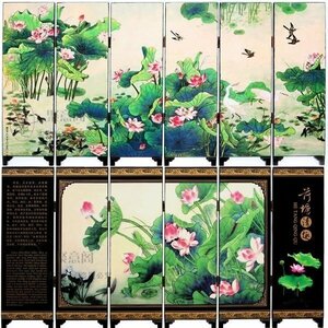 Art hand Auction LYW1189★ Biombo plegable con pintura estilo chino lacado Tamaño de mesa (Estanque de lotos), Accesorios de interior, ornamento, otros