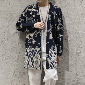 cjx599* men's long coat jacket cardigan casual outer mantle long kimono-like garment spring summer put on cotton flax thin Japanese clothes 