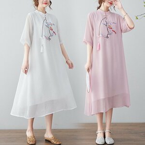 ZJM1111 *きれいめ刺繍入り半袖チャイナドレス風ロングワンピース 新品夏レディース*カジュアル 体型カバーＭ～ＸＸＬ