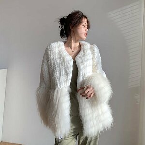 LYW1157* lady's knitted × fake fur coat jacket elegant S/M/L