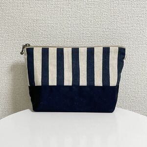 ハンドメイド　ポーチ★小物入れなど★ストライプ　紺