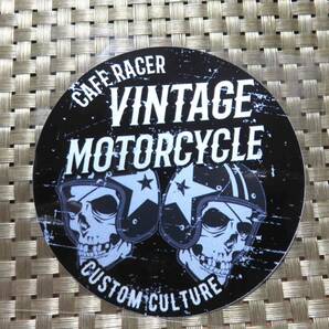 双頭蓋骨　黒　円型STレトロ◎新品カフェレーサー VINTAGE MOTORCYCLE アメリカンバイク　カスタム　RETRO ステッカー防水◆アメリカ