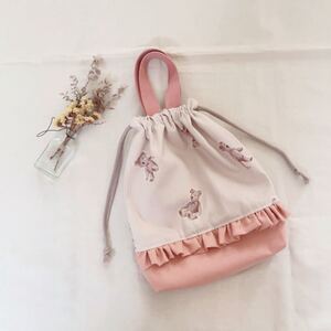 【ハンドメイド】テディベア×フリル 巾着型シューズケース 上履き袋 上履き入れ 巾着バッグ 巾着袋 おむつ入れ シューズ袋