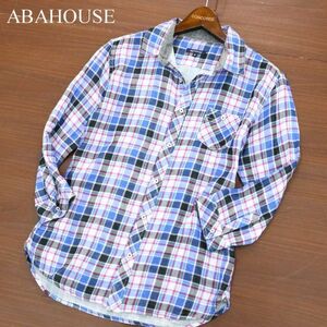 ABAHOUSE アバハウス 春夏 Wガーゼ★ 7分袖 スリム チェック シャツ Sz.3　メンズ　A2T08668_7#A