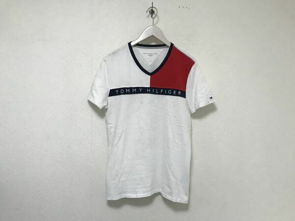 本物トミーヒルフィガーTOMMYHILFIGERコットンロゴ刺繍Vネック半袖Tシャツメンズアメカジサーフスーツビジネス白ホワイトM