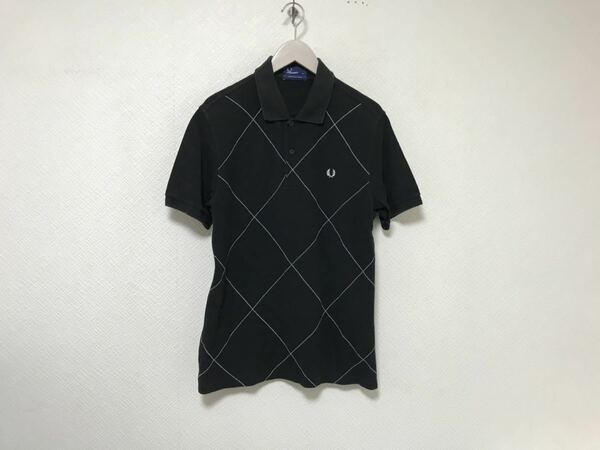 本物フレッドペリーFREDPERRYコットン柄ロゴ刺繍半袖ポロシャツメンズアメカジサーフスーツビジネスM黒ブラック