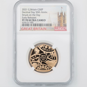 2021 英国 十進法導入50周年記念 50ペンス 金貨 プルーフ ストゥラック オン ザ・ デイ NGC PF 70 UC ER 初鋳版 最高鑑定 完全未使用品