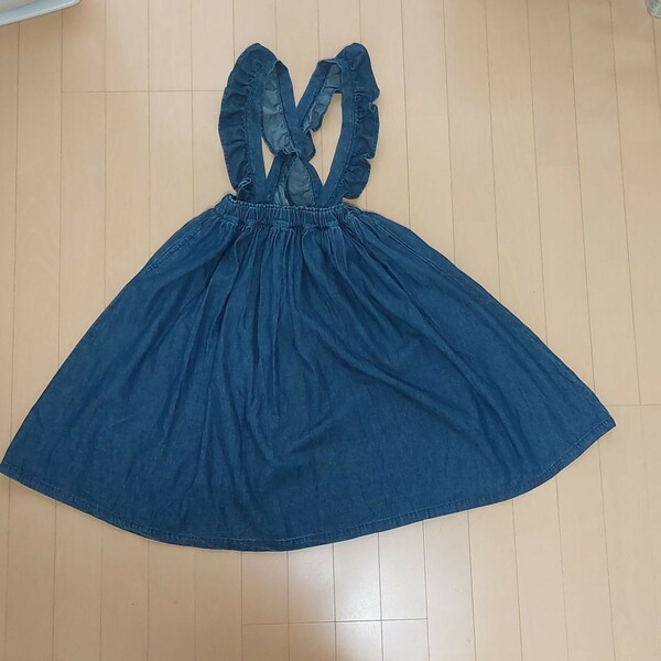 ロングフレアスカート 吊りスカート 2WAY 130 女の子 紺色