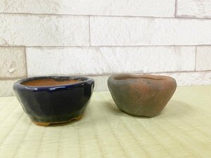 【豆緑】素焼盆器　林陶子作 「円鉢瑠璃色円鉢」/2点セット