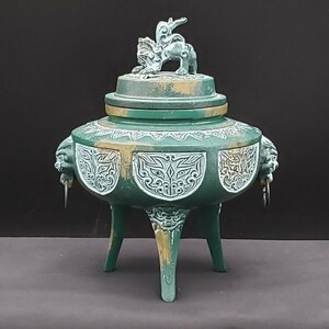 香炉　田村宏作　獅子蓋　駒形　菖蒲地紋　三つ足　箱なし　伝統工芸 　金属工芸　金属香炉　茶道具　香道具【60e724】