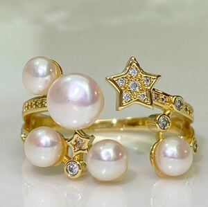 星×天然真珠5mmデザインパールリング　真珠指輪　jewelry