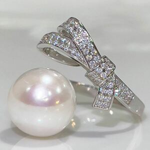 リボン可愛い！●天然真珠指輪13mmデザインリングk18仕上げ　パールリング