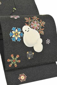 Art hand Auction Kimono Daiyasu 959 ■ Nagoya Obi ■ Hand-painted Yuzen dyeing Itome Yuzen Snowflake and Snowman Silver thread Black background [Free shipping] [New], band, Nagoya Obi, Ready-made