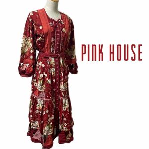 PINK HOUSE　ピンクハウス　段々　フリル　花柄　フラワー　ロングワンピース　袖裾カットワーク　多ボタン　リボン　ベルト付き