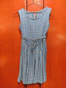  Vintage 50's* Kids check no sleeve One-piece *220829i3-k-drs 1950s child clothes rayon cotton blue light blue 