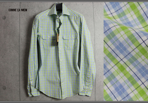 新品コムサメン ダブル オーバー チェック ホリゾンタルカラー 長袖 シャツM緑白青 定価2万円/COMME CA MEN