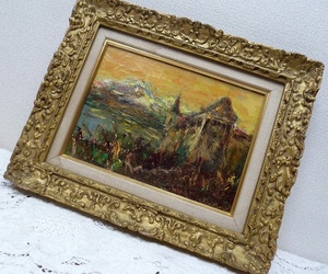 (☆BM)☆[最終SALE]須磨とおる 作 油彩 スイスの古城 (F4) シヨン城 風景画 ヨーロッパ アンティークフレーム 日本人作家 