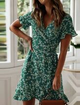 Sサイズ レディース ワンピースドレス 緑 Vネック 夏服 ワンピ フラワー フローラル 209_画像1