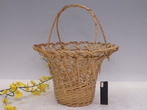 ★円能斎好【末広篭 紙箱入り】竹細工 大型手付花器 直径31cm 本体高さ21cm 全高36cm 裏千家 茶道具 花かご 竹花入