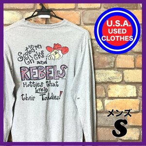 ME5-733★USA古着★【SOUTHERN CHICKS AND REBELS】両面プリント ロンT【メンズ S】グレー カットソー 長袖Tシャツ 小さめサイズ アメカジ