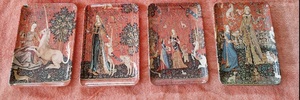 レア 送込 貴婦人と一角獣 ユニコーン 我が唯一の望みに クリュニー中世美術館 アクセサリートレイ トレー 小皿 小物入 イタリア製 4枚組