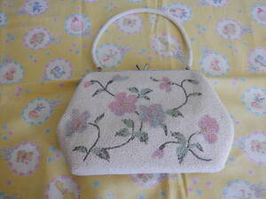 B8 Showa Retro![ used total beads bag ~ white . pink ... blue. floral print pattern one part .( keep hand ) dirt equipped ]