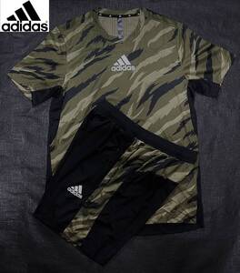 新品O(XL)アディダス ADIDAS カモフラ グリーン カーキ CAMO 半袖 ハーフパンツ 上下セット Tシャツ ジャージ迷彩オリーブ吸汗 速乾 正規品